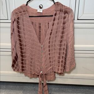 By Together Dusty Rose Tie-Front Crinkle Blouse with Brown Stripes